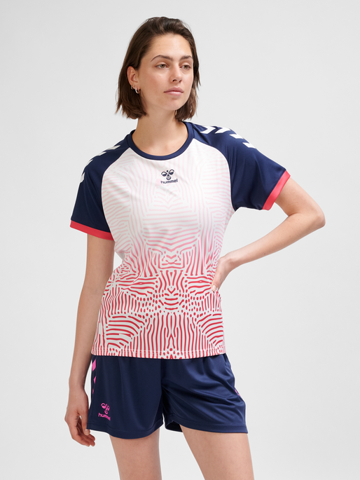 hmlGRAPHIC UNIVERSE JERSEY SS WOMAN, MARINE/WHITE, model